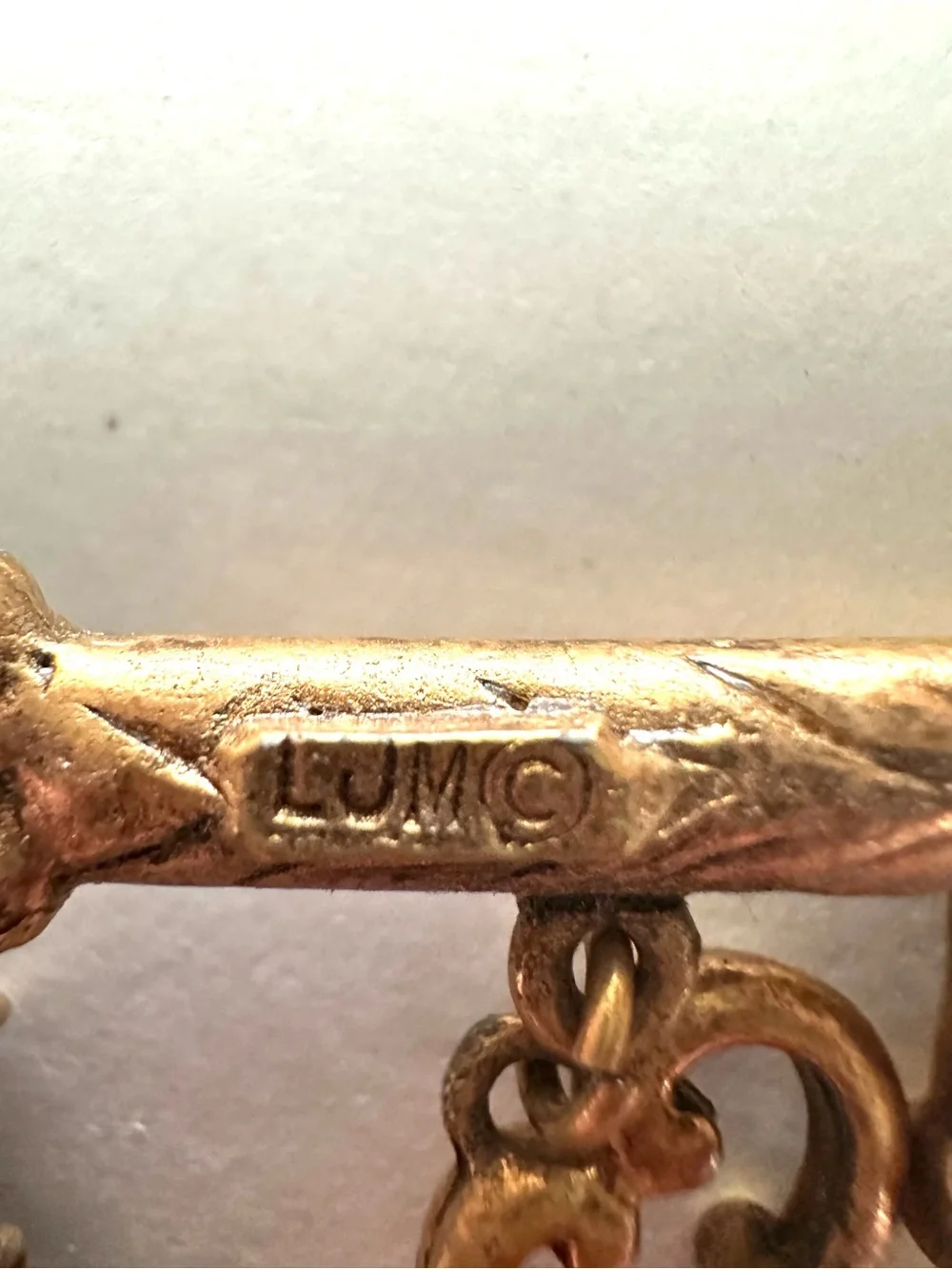 Vintage Lum Gold Key Brooch with Green Enamel Accent